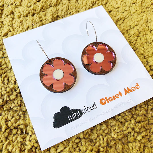 Closet Mod X Mintcloud Studio Earrings - Maple Wood & Pink Mirror Flower Dangles