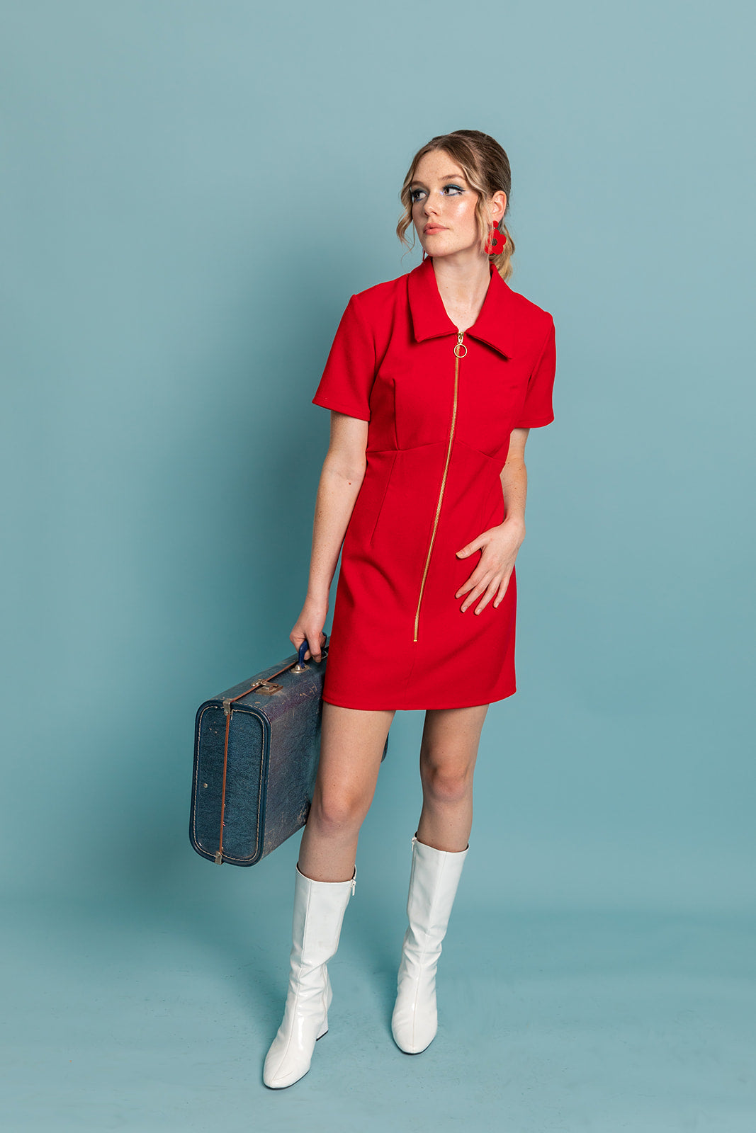 Closet Mod red short sleeve zip up mini dress with gold ring zip and collar