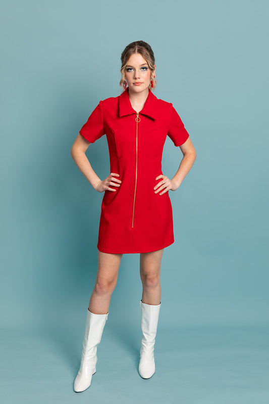 Closet Mod red short sleeve zip up mini dress with gold ring zip and collar 