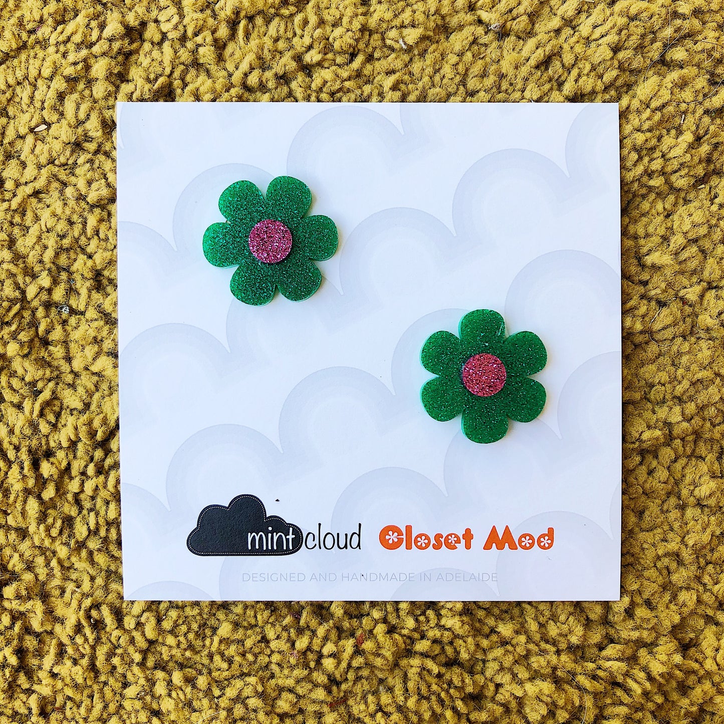 Closet Mod X Mintcloud Studio Earrings - Green & Purple Glitter Flower Studs