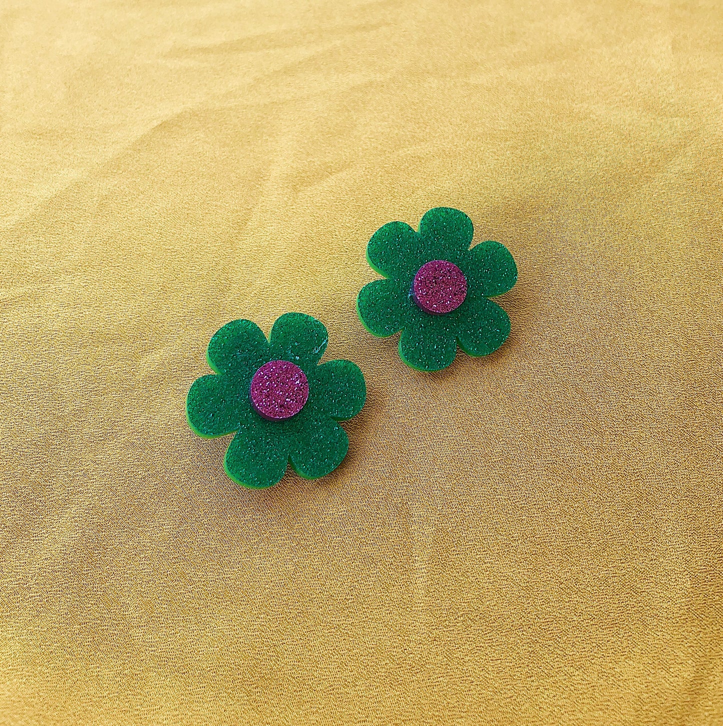 Closet Mod X Mintcloud Studio Earrings - Green & Purple Glitter Flower Studs